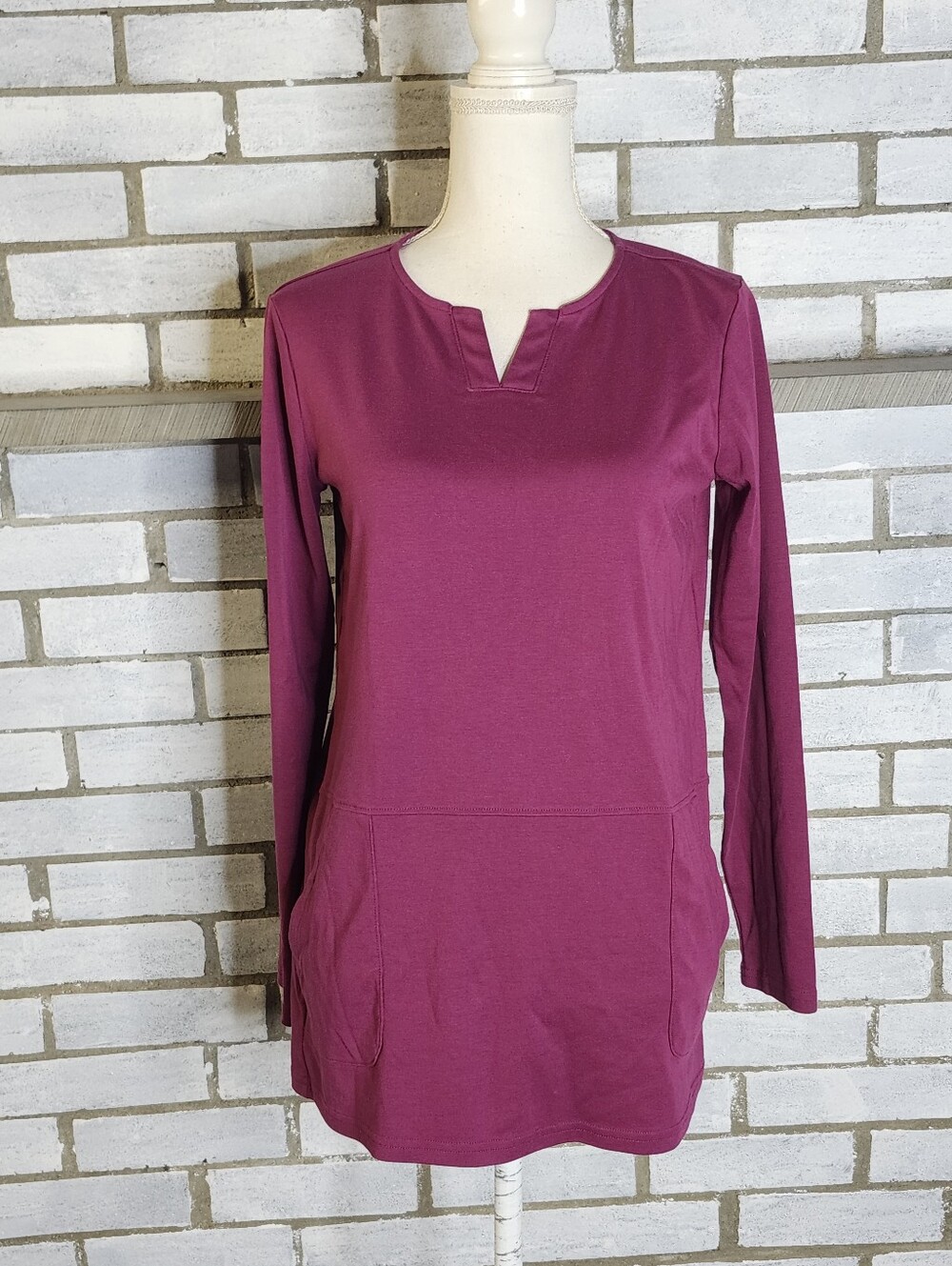 Lands End Women's Long Sleeve Cotton Blend Tunic Top Small Berry Pockets